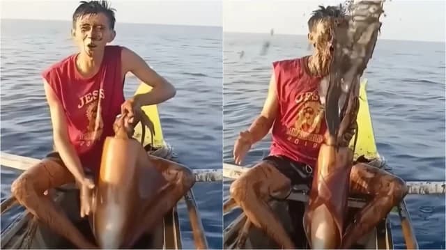 Ψαράς δέχεται επίθεση με μελάνι από γιγαντιαίο καλαμάρι – Viral βίντεο