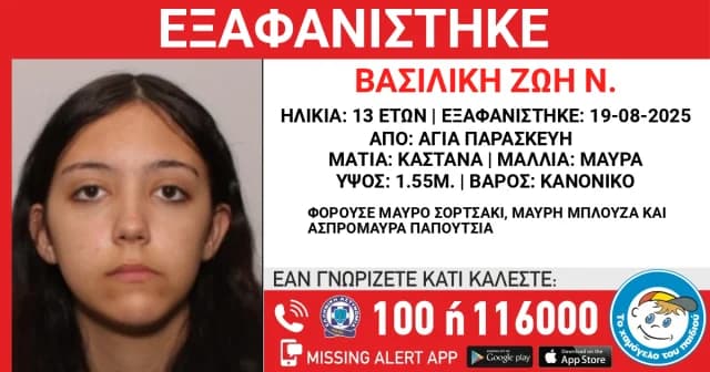 Alarm for Disappearance of 13-Year-Old from Agia Paraskevi