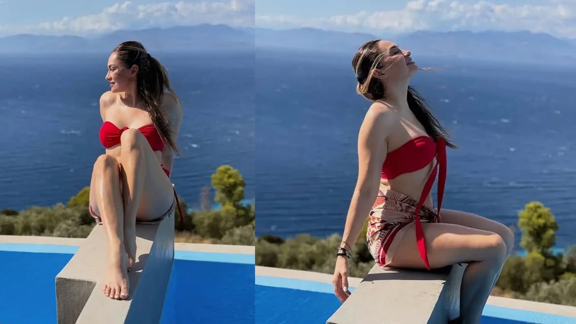 Apostolia Zoi: Atemberaubende Posen im roten Bikini in Derveni