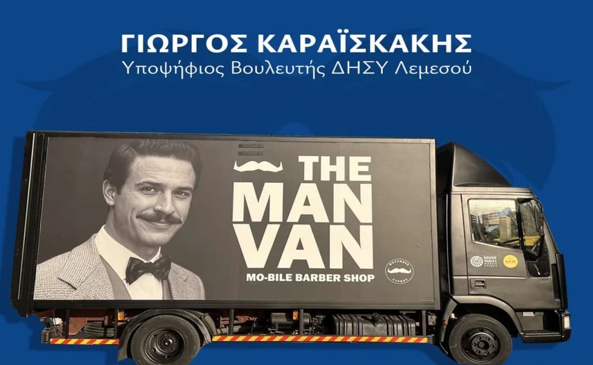 Movember Van im Wahlkampfbüro von Giorgos Karaiskakis für wohltätige Zwecke